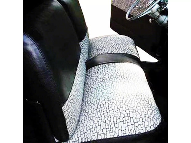 Budget-friendly 150 2-door sedan Tri-Five seat cover set with crush grain vinyl and Cobblestone cloth inserts
