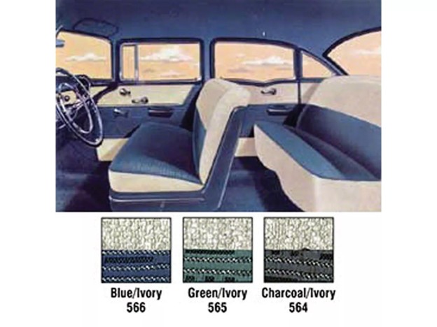 210 4-door sedan Tri-Five seat cover set with Starfrost Ivory vinyl and bar pattern seat cloth