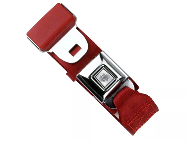 OEM-style classic Corvette two-point lap seat belt with starburst push-button buckle and chrome hardware