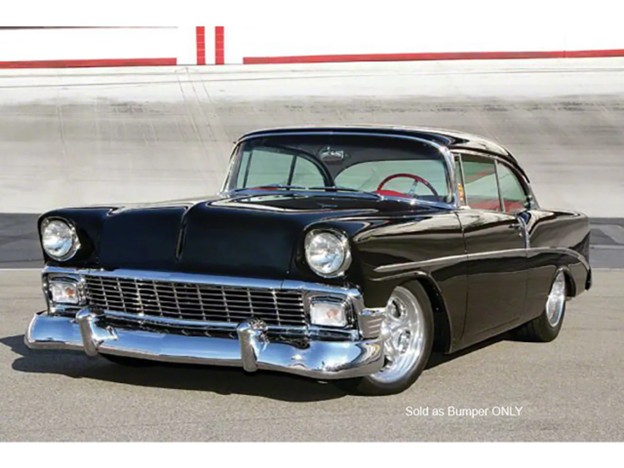 1956 Chevy Tri-Five California-style one-piece front bumper with smooth chrome finish for custom front-end restoration
