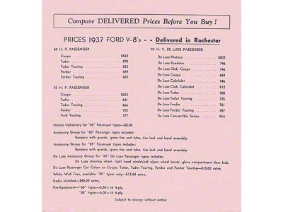 1937 Ford Delivered Prices