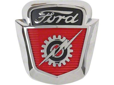 1953-56 Ford Pickup Front Hood Emblem, Chrome With Black And Red