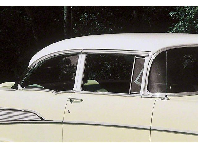 1955-1957 Chevy Side Glass Set, Installed In Lower Channels, Green Tinted, 2-Door Sedan