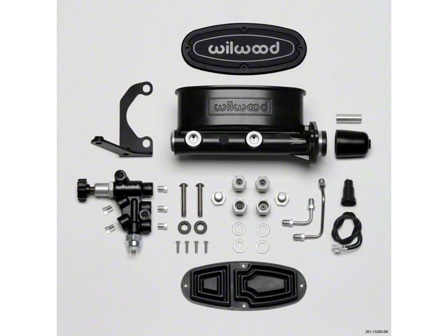 1955-1957 Chevy Wilwood Master Cylinder Kit, Tandem, Black Electrocoated Aluminum, with Bracket & Valve, 1.00 Bore