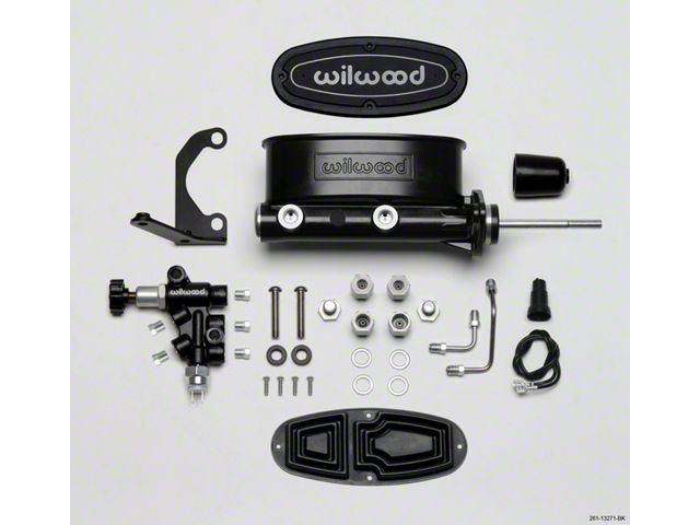 1955-1957 Chevy Wilwood Master Cylinder Kit, Tandem, Black Electrocoated Aluminum, with Bracket & Valve, 7/8 Bore