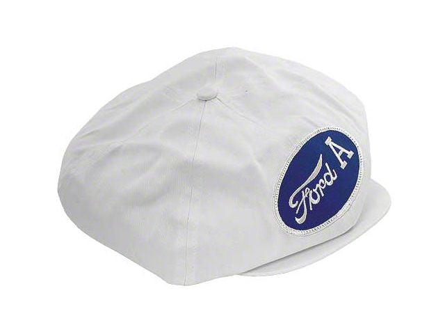 1955-1966 Ford Thunderbird Driving Cap, Gatsby Style, White, With Ford A Patch