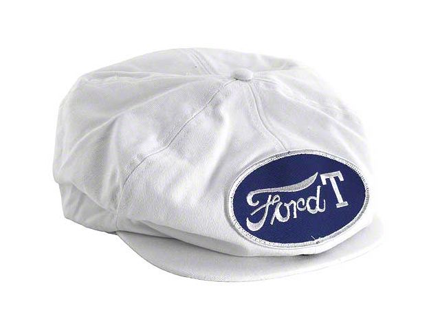 1955-1966 Ford Thunderbird Driving Cap, Gatsby Style, White, With Ford T Patch