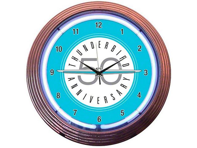 1955-1979 Ford Thunderbird Clock, White Neon, 50th Anniversary Design