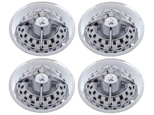 1955-1979 Ford Thunderbird Wheel Cover Set, 'Spider' Black And White Style, Chrome, For 14 Steel Wheels