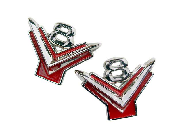 Y-Block V8 Fender Emblems; Chrome and Red (1955 Thunderbird)