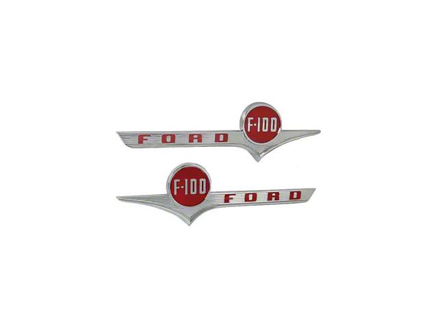 1956 Ford Pickup Hood Side Emblems, Chrome-Red Accents And Lettering