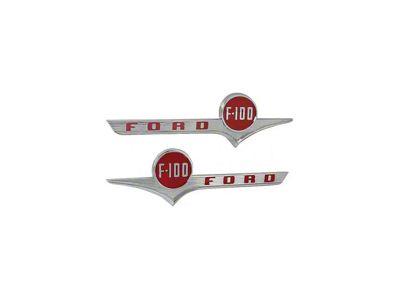 1956 Ford Pickup Hood Side Emblems, Chrome-Red Accents And Lettering