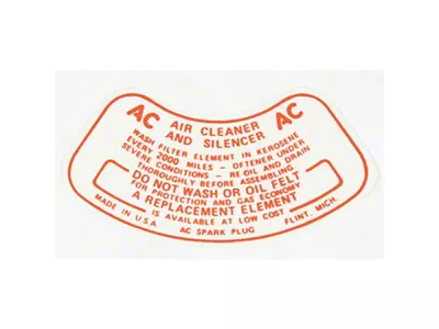 1959-1960 Chevy Truck Air Cleaner Service Instruction Decal, V8 With 2 Barrel Carburetor