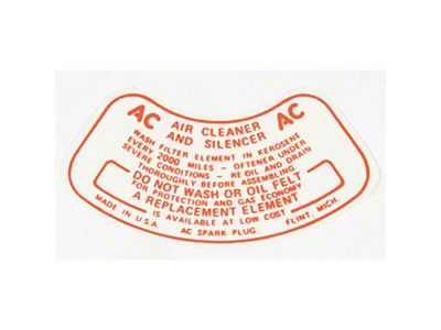 1959-1960 Chevy Truck Air Cleaner Service Instruction Decal, V8 With 2 Barrel Carburetor