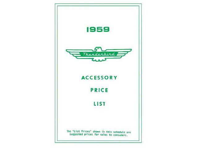 1959 Ford Thunderbird Accessory Price List, New Car