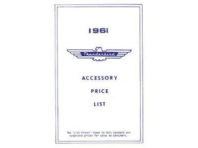 1961 Ford Thunderbird Accessory Price List, New Car