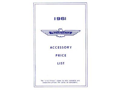 1961 Ford Thunderbird Accessory Price List, New Car
