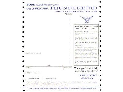 1961 Ford Thunderbird Window Price Sticker, New Car