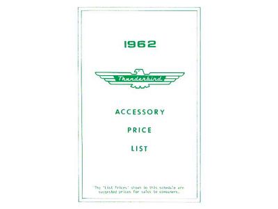 1962 Ford Thunderbird Accessory Price List, New Car