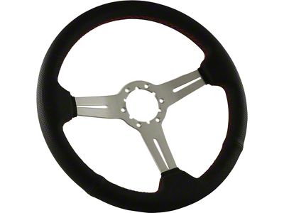 1963-1982 Corvette Steering Wheel, 14 Black-Perforated/Brushed Aluminum Slot Spokes, Red Stitch