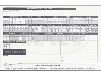 1964 Ford Thunderbird Order Sheet