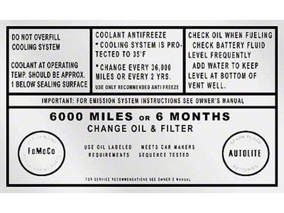 1964 Ford Thunderbird Service Specification Decal