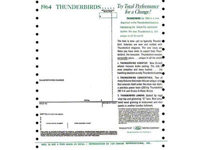 1964 Ford Thunderbird Window Price Sticker, New Car, Late 1964