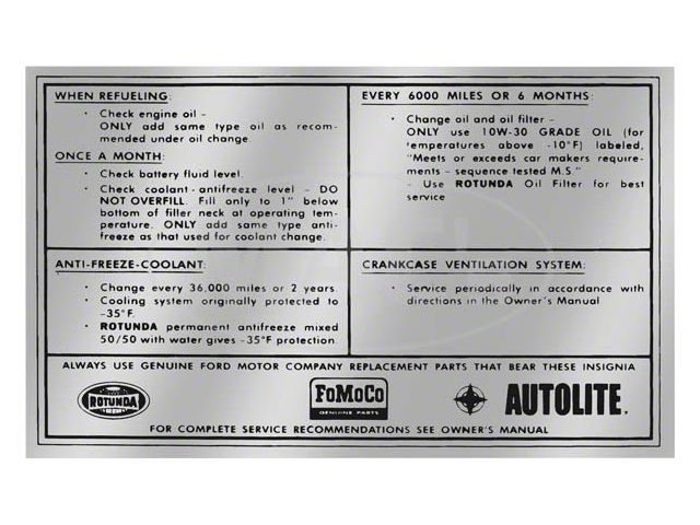 1965-1966 Ford Thunderbird Service Specification Decal