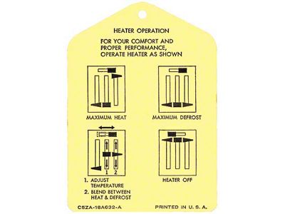 1965-1966 Mustang Heater Instruction Tag