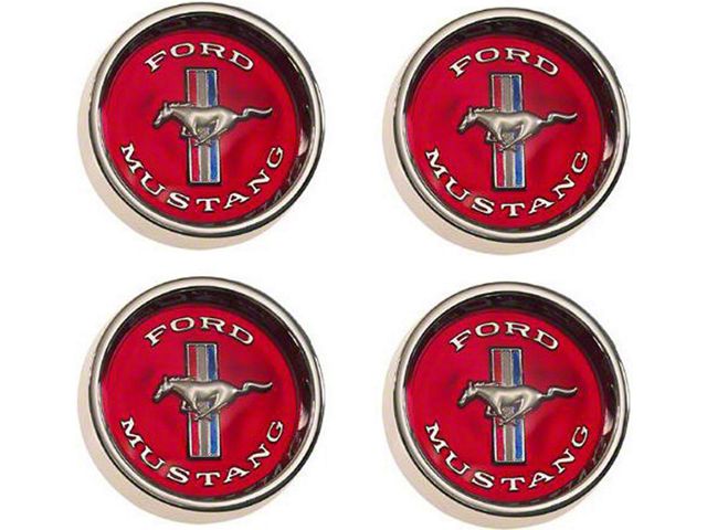 1965-1966 Mustang Styled Steel Wheel Hubcap Set with Red Background, 4 Pieces