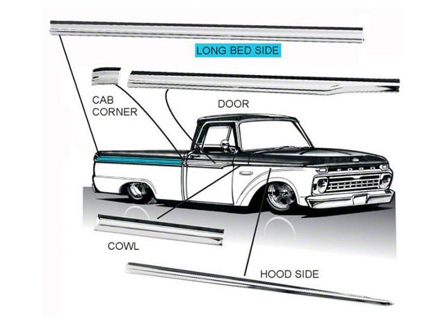 1965-66 Ford Pickup Bed Side Moldings, Right And Left, 8' Styleside (F100 & F250 Styleside Long Wheelbase)