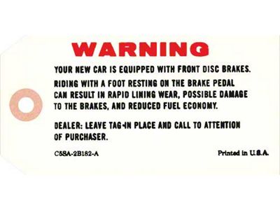 1965 Mustang Disc Brake Warning Tag