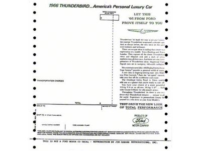 1966 Ford Thunderbird New Car Window Price Sticker