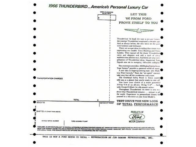 1966 Ford Thunderbird New Car Window Price Sticker