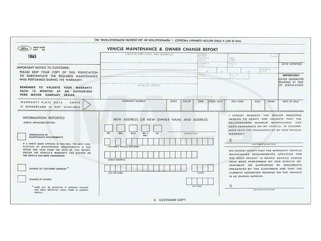 1967-1969 Ford Thunderbird Vehicle Maintenance & Warranty Owner Change Report Sheet