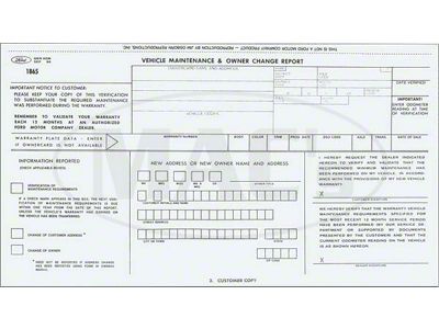 1967-1969 Ford Thunderbird Vehicle Maintenance & Warranty Owner Change Report Sheet