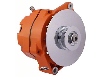 1967-1971 Camaro Alternator; 80 AMP; OEM Wire; 10si Case; V Groove Pulley; External Regulator; Orange Powdercoat w/Chrome Accents; Must Be Used With An External Solid State Voltage Regulator;