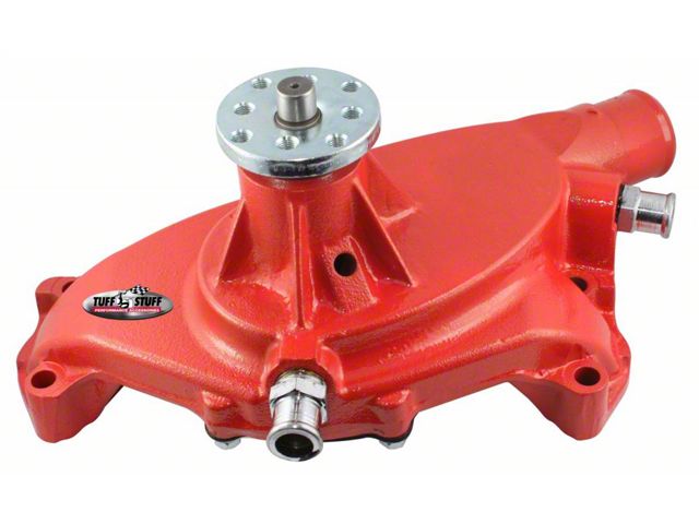1967-1972 Chevrolet Camaro Platinum SuperCool Water Pump; 5.750 in. Hub Height; 5/8 in. Pilot; Short; 2 Threaded Water Ports; Aluminum Casting; Red Powdercoat w/Chrome Accents; 1495ACRED