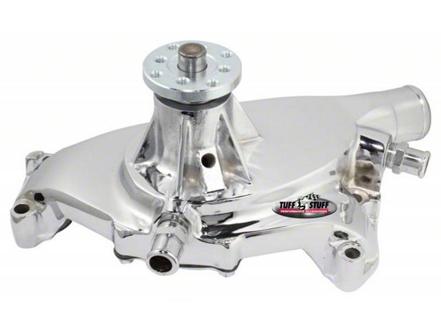1967-1972 Chevrolet Camaro Platinum SuperCool Water Pump; 5.750 in. Hub Height; 5/8 in. Pilot; Short; Reverse Rotation; 2 Threaded Water Ports; Aluminum Casting; Chrome; Custom Serpentine Systems Only; 1495AAREV