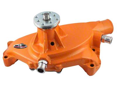 1967-1972 Chevrolet Camaro SuperCool Water Pump; 5.750 in. Hub Height; 5/8 in. Pilot; Short; 2 Threaded Water Ports; Orange Powdercoat w/Chrome Accents; 1494NCORANGE