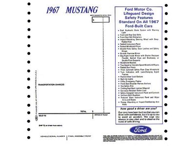 1967 Mustang New Car Window Price Sticker
