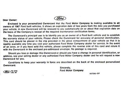 1967 Mustang Personalized Warranty Card Instruction Sheet