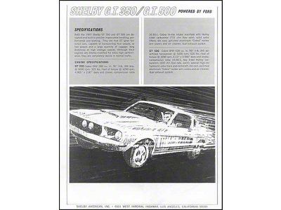 1967 Mustang Shelby Cobra GT350/500 Sales Specifications and Features Sheet