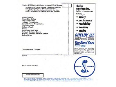 1967 Mustang Shelby GT500 New Car Window Price Sticker