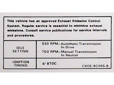 1968-1969 Mustang Emissions Decal, 302/351 4-Barrel V8 with Automatic or Manual Transmission