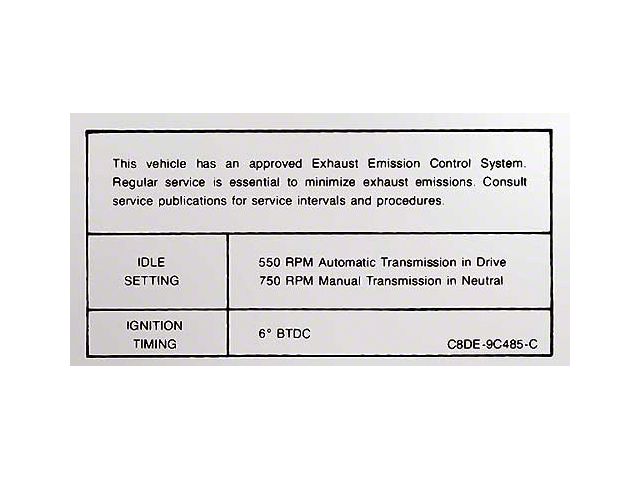 1968-1969 Mustang Emissions Decal, 390 4-Barrel V8 with Automatic or Manual Transmission