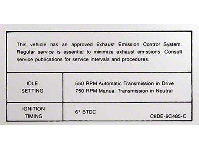 1968-1969 Mustang Emissions Decal, 390 4-Barrel V8 with Automatic or Manual Transmission