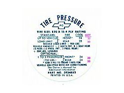 Tire Pressure Decal,Glove Box Door,Cars Except SS & Z28,1968