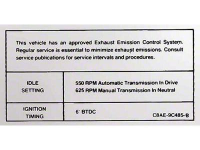 1968 Mustang Emissions Decal, 302/351 V8 4-Barrel with Automatic or Manual Transmission