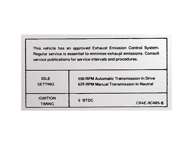 1968 Mustang Emissions Decal, 302/351 V8 4-Barrel with Automatic or Manual Transmission
